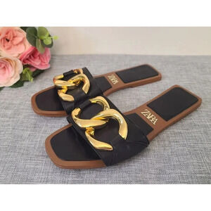 Zara US 5.5‎ Sandals Black Slip On Large Gold Chain Embellished Flats